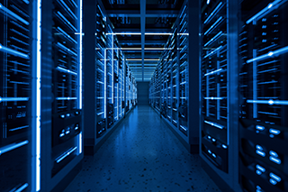 Dark safety boxes with blue LEDs for electronic data storage.