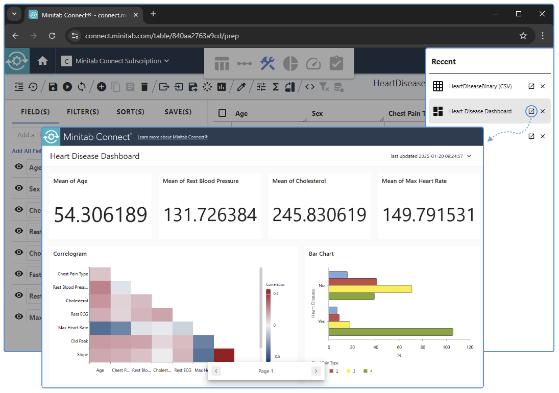 Minitab Connect 最近任务窗格